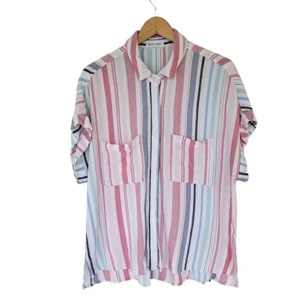 Bella Dahl Striped Boxy‎ Button down Blouse Womans Size L White Multi